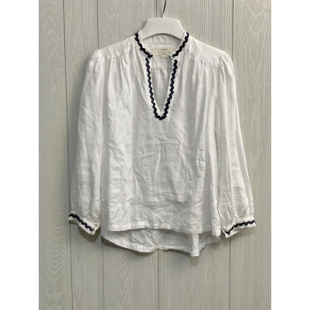 Trovata Birds Of Paradis Bailey Shirt Linen V-Neck White Blue Trim XS - Picture 2 of 7